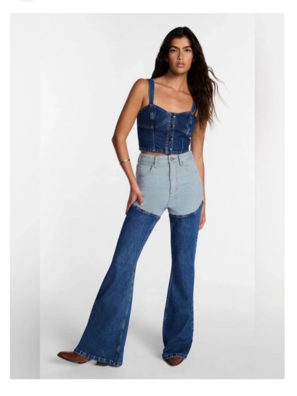 KACEY LEE HIGH RISE FLARE TWO TONE JEANS FESTIVAL WESTERN COW GIRL RODEO SIZE 2